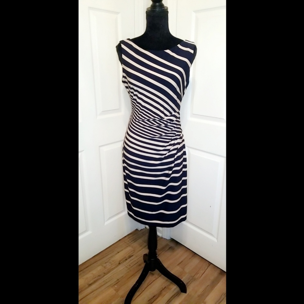 Navy/Tan Striped Knit Dress W/ Side Rouching